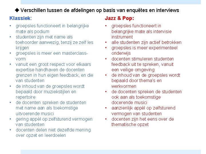 u Verschillen tussen de afdelingen op basis van enquêtes en interviews Klassiek: Jazz &