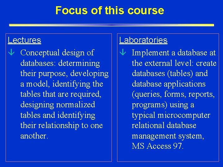 Focus of this course Lectures â Conceptual design of databases: determining their purpose, developing Focus of this course Lectures â Conceptual design of databases: determining their purpose, developing