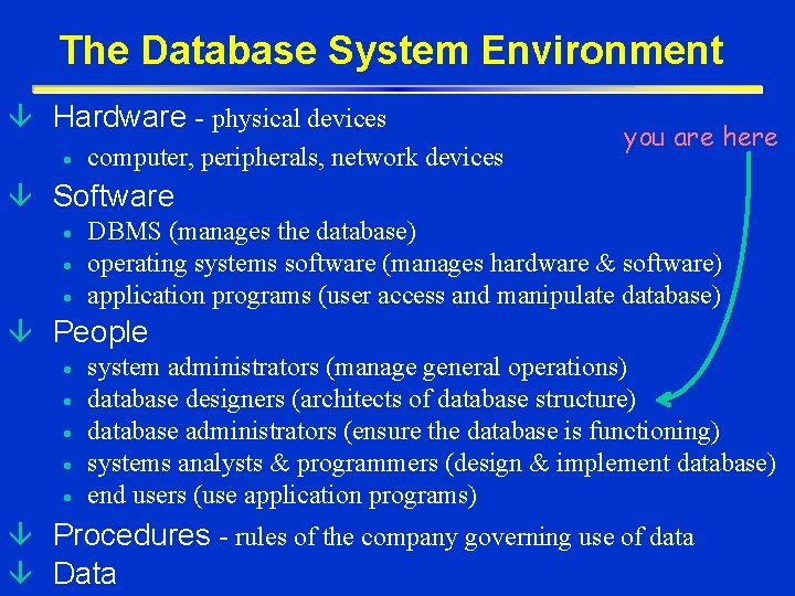 The Database System Environment â Hardware - physical devices · computer, peripherals, network devices The Database System Environment â Hardware - physical devices · computer, peripherals, network devices