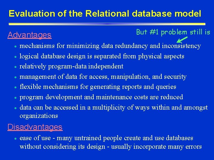 Evaluation of the Relational database model Advantages · · · · But #1 problem Evaluation of the Relational database model Advantages · · · · But #1 problem