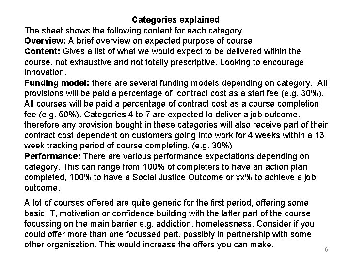Categories explained The sheet shows the following content for each category. Overview: A brief