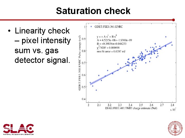 Saturation check • Linearity check – pixel intensity sum vs. gas detector signal. 
