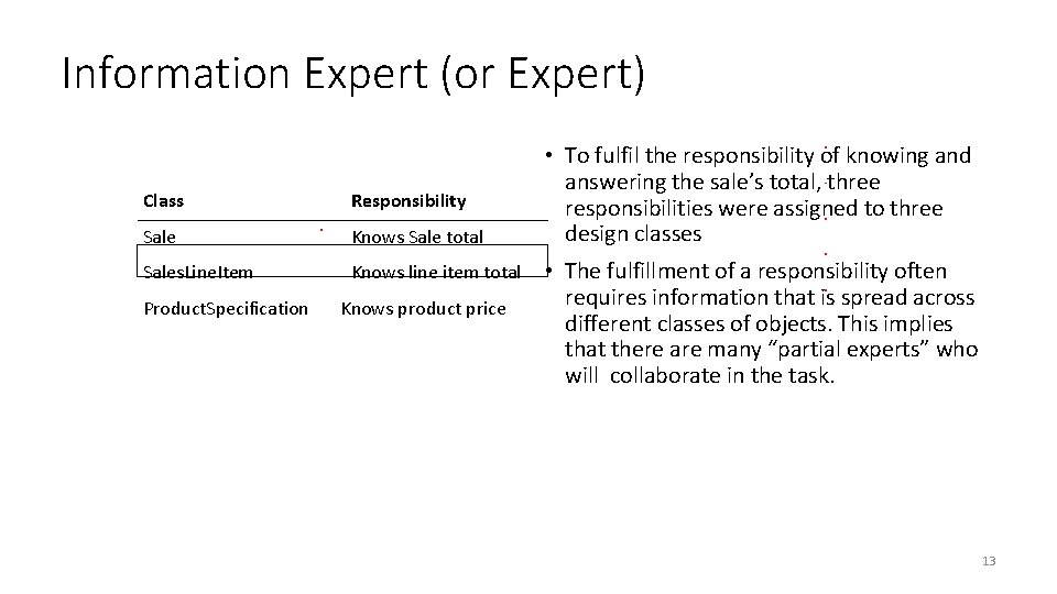 Information Expert (or Expert) Class Responsibility Sale Knows Sale total Sales. Line. Item Knows