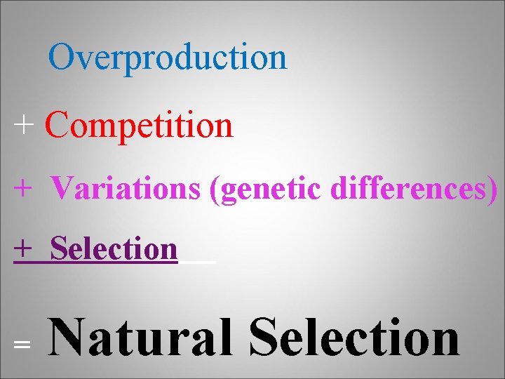 Overproduction + Competition + Variations (genetic differences) + Selection = Natural Selection 