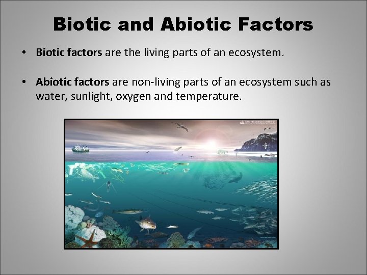Biotic and Abiotic Factors • Biotic factors are the living parts of an ecosystem.
