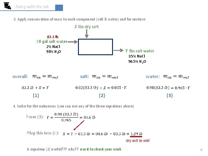 living with the lab 3. Apply conservation of mass to each component (salt &