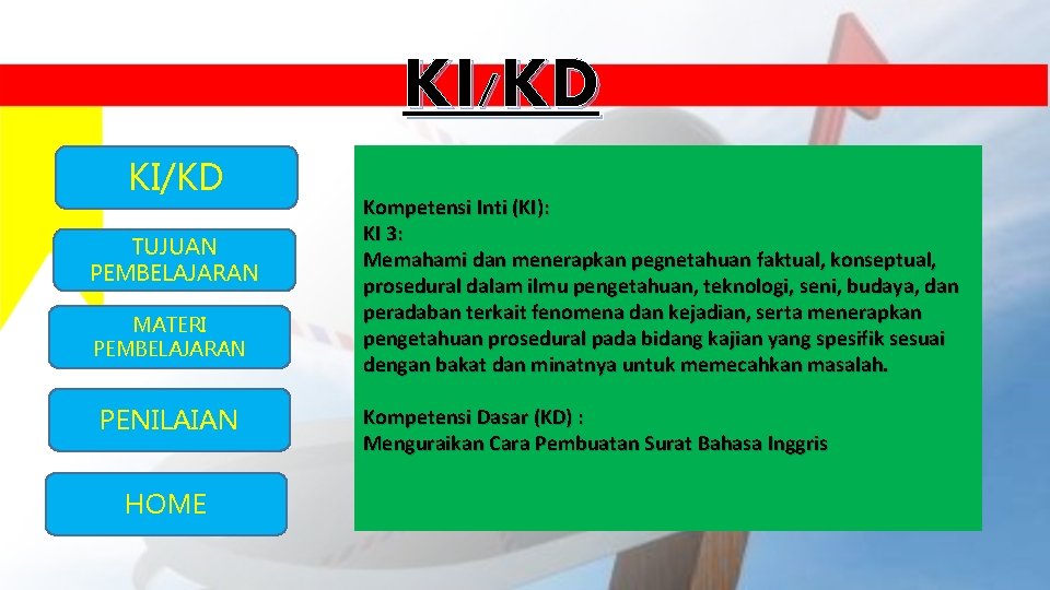 KI/KD TUJUAN PEMBELAJARAN MATERI PEMBELAJARAN PENILAIAN HOME Kompetensi Inti (KI): KI 3: Memahami dan