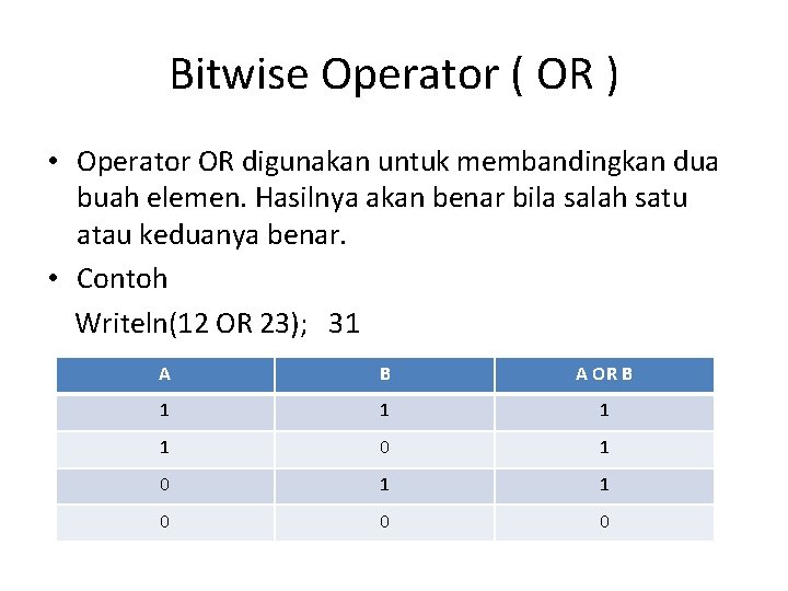 Bitwise Operator ( OR ) • Operator OR digunakan untuk membandingkan dua buah elemen.