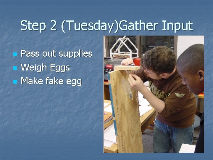 Step 2 (Tuesday)Gather Input n n n Pass out supplies Weigh Eggs Make fake