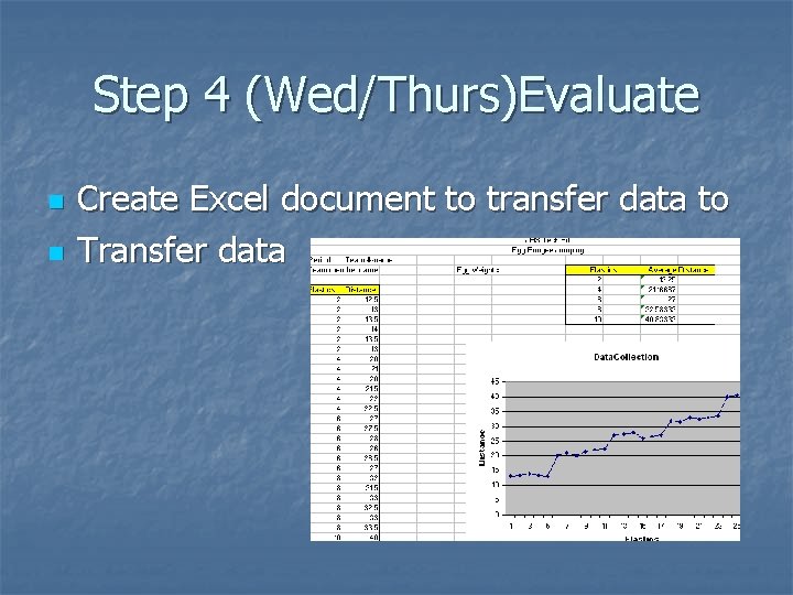 Step 4 (Wed/Thurs)Evaluate n n Create Excel document to transfer data to Transfer data