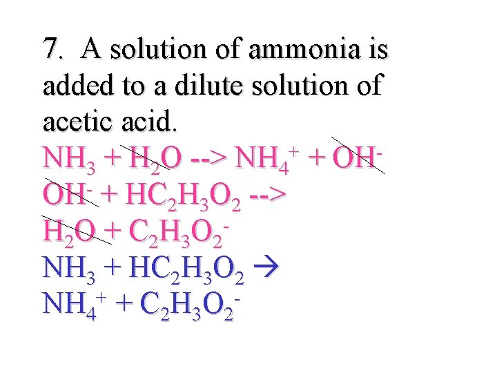 7. A solution of ammonia is added to a dilute solution of acetic acid.