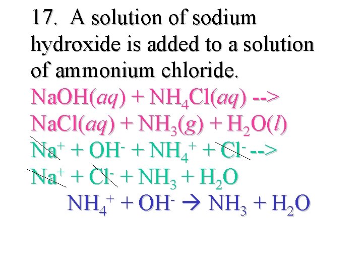 17. A solution of sodium hydroxide is added to a solution of ammonium chloride.