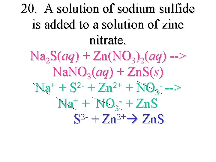 20. A solution of sodium sulfide is added to a solution of zinc nitrate.