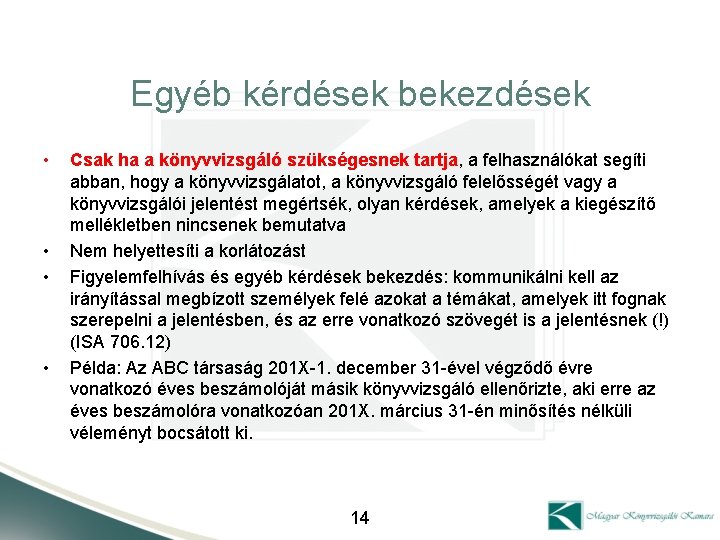 Egyéb kérdések bekezdések • • Csak ha a könyvvizsgáló szükségesnek tartja, a felhasználókat segíti