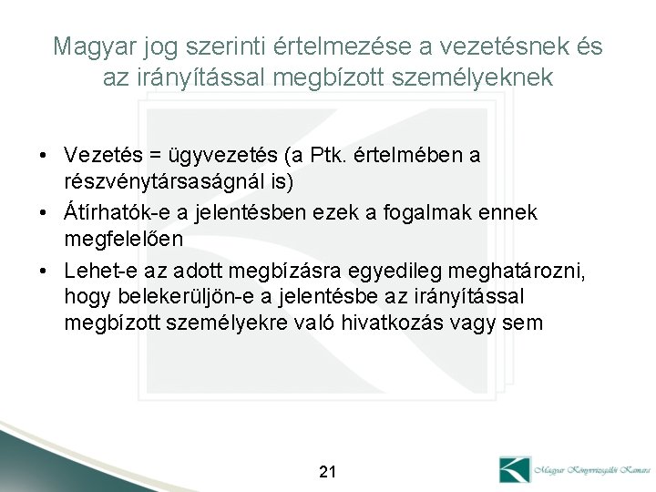 Magyar jog szerinti értelmezése a vezetésnek és az irányítással megbízott személyeknek • Vezetés =