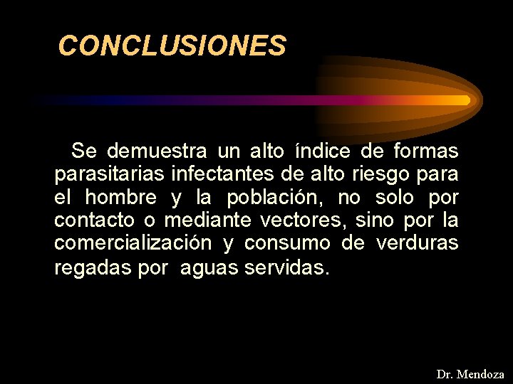 CONCLUSIONES Se demuestra un alto índice de formas parasitarias infectantes de alto riesgo para