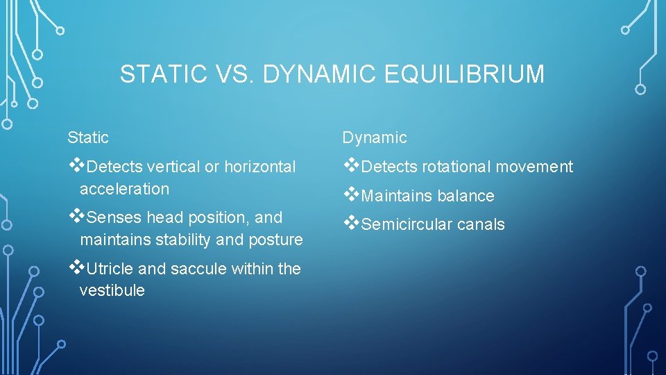 STATIC VS. DYNAMIC EQUILIBRIUM Static Dynamic v. Detects vertical or horizontal v. Detects rotational