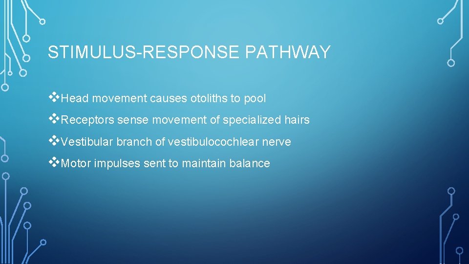 STIMULUS-RESPONSE PATHWAY v. Head movement causes otoliths to pool v. Receptors sense movement of