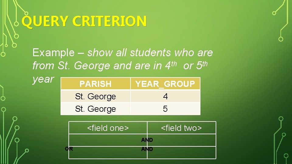 QUERY CRITERION Example – show all students who are from St. George and are