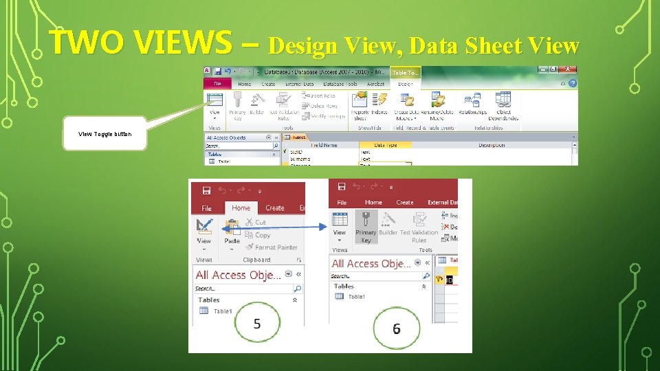 TWO VIEWS – Design View, Data Sheet View Toggle button 