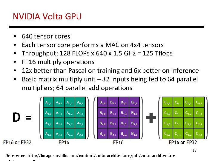 NVIDIA Volta GPU • • • 640 tensor cores Each tensor core performs a