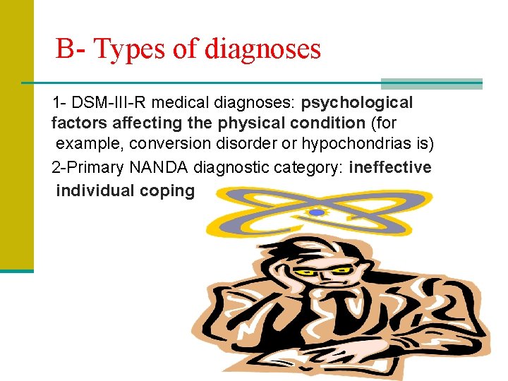 B- Types of diagnoses 1 - DSM-III-R medical diagnoses: psychological factors affecting the physical