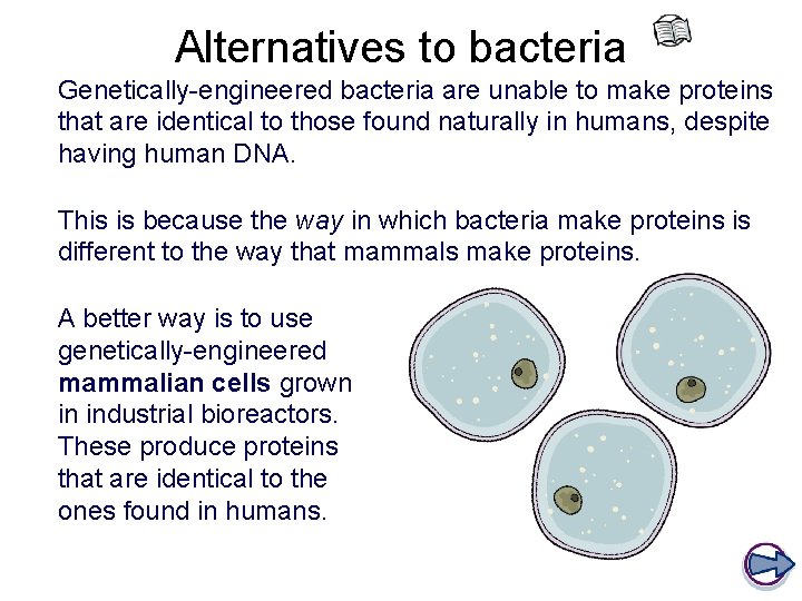 Alternatives to bacteria Genetically-engineered bacteria are unable to make proteins that are identical to