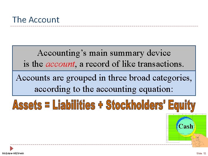 The Accounting’s main summary device is the account, a record of like transactions. Accounts