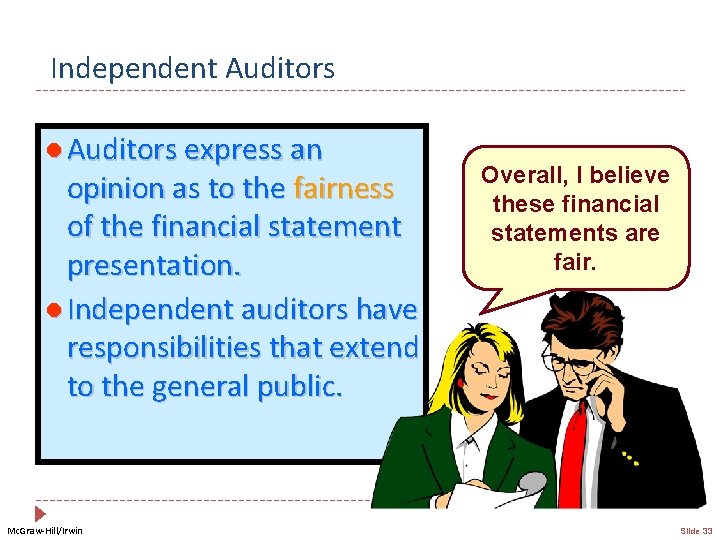 Independent Auditors l Auditors express an opinion as to the fairness of the financial