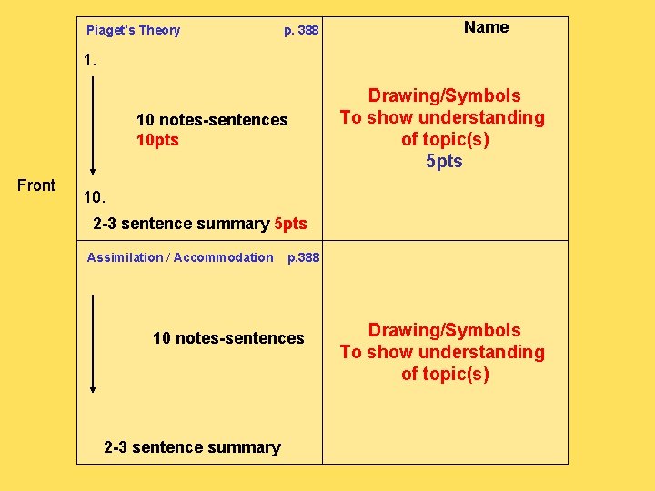 Piaget’s Theory p. 388 Name 1. 10 notes-sentences 10 pts Front Drawing/Symbols To show