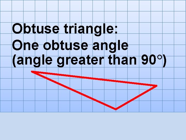 Obtuse triangle: One obtuse angle (angle greater than 90°) 