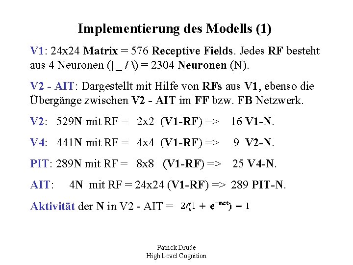 Implementierung des Modells (1) V 1: 24 x 24 Matrix = 576 Receptive Fields.