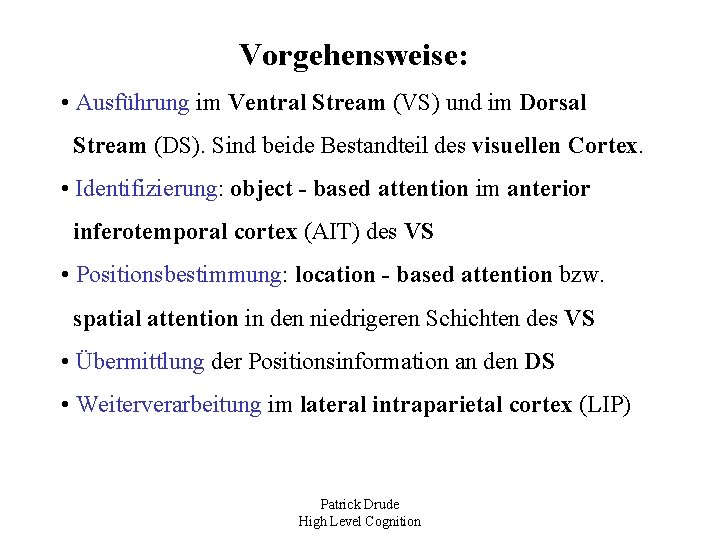 Vorgehensweise: • Ausführung im Ventral Stream (VS) und im Dorsal Stream (DS). Sind beide