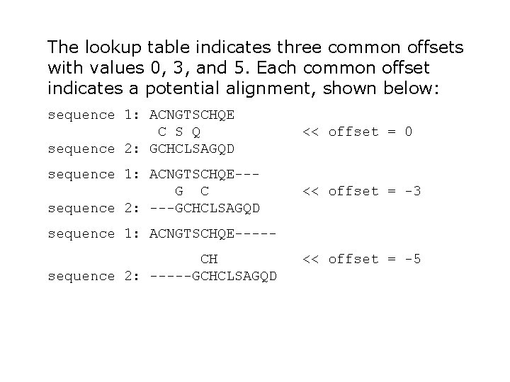 The lookup table indicates three common offsets with values 0, 3, and 5. Each