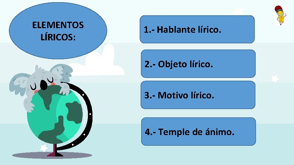 ELEMENTOS LÍRICOS: 1. - Hablante lírico. 2. - Objeto lírico. 3. - Motivo lírico.