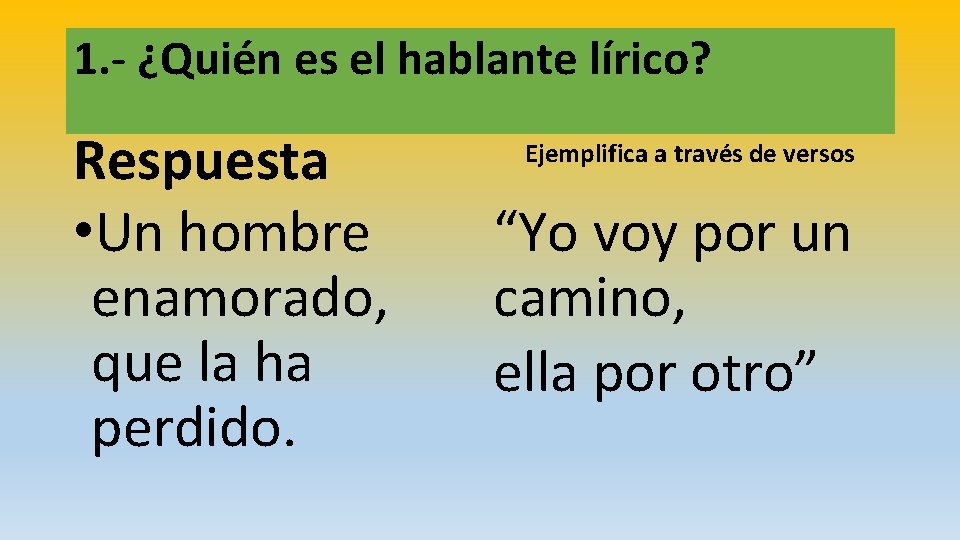 1. - ¿Quién es el hablante lírico? Respuesta • Un hombre enamorado, que la