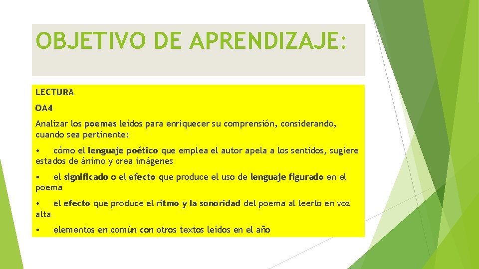 OBJETIVO DE APRENDIZAJE: LECTURA OA 4 Analizar los poemas leídos para enriquecer su comprensión,