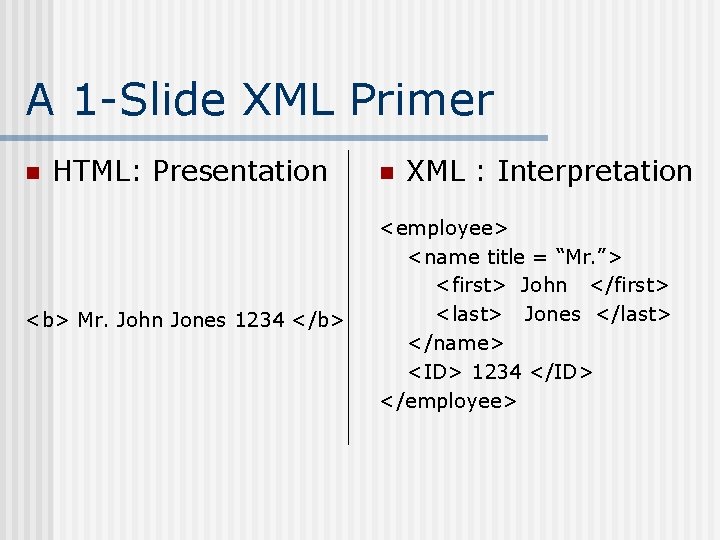 A 1 -Slide XML Primer n HTML: Presentation <b> Mr. John Jones 1234 </b>