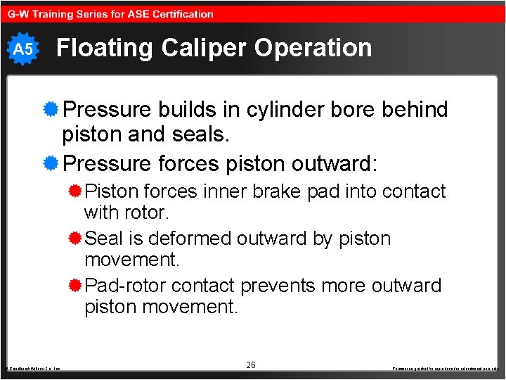 Floating Caliper Operation Pressure builds in cylinder bore behind piston and seals. Pressure forces