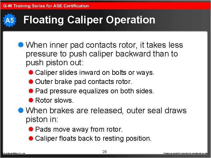 Floating Caliper Operation When inner pad contacts rotor, it takes less pressure to push