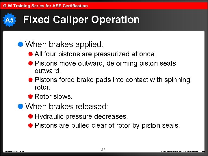 Fixed Caliper Operation When brakes applied: All four pistons are pressurized at once. Pistons