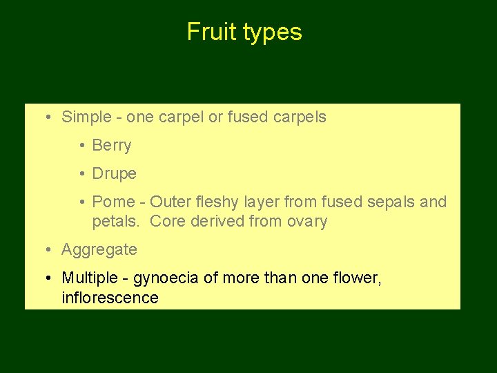 Fruit types • Simple - one carpel or fused carpels • Berry • Drupe