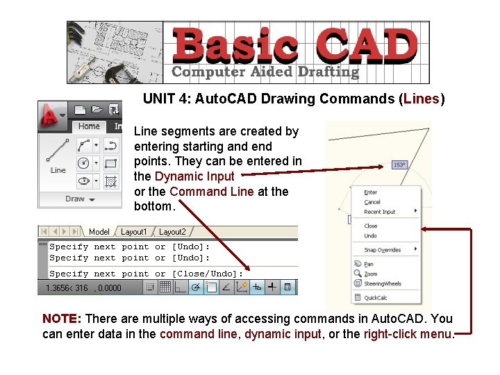 UNIT 4: Auto. CAD Drawing Commands (Lines) Line segments are created by entering starting