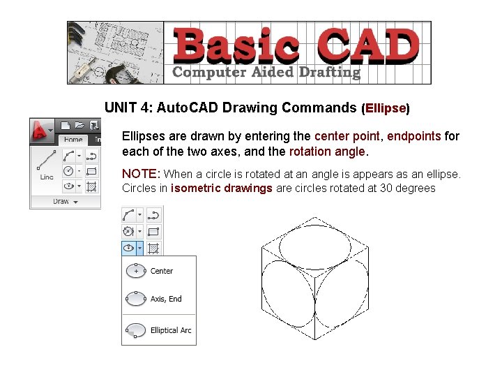 UNIT 4: Auto. CAD Drawing Commands (Ellipse) Ellipses are drawn by entering the center