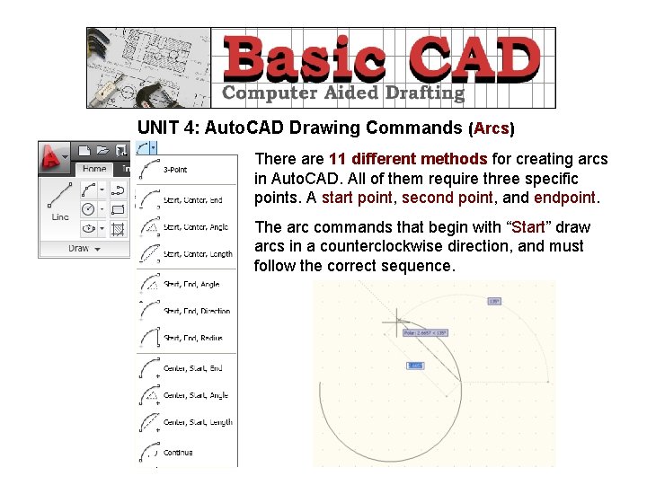 UNIT 4: Auto. CAD Drawing Commands (Arcs) There are 11 different methods for creating