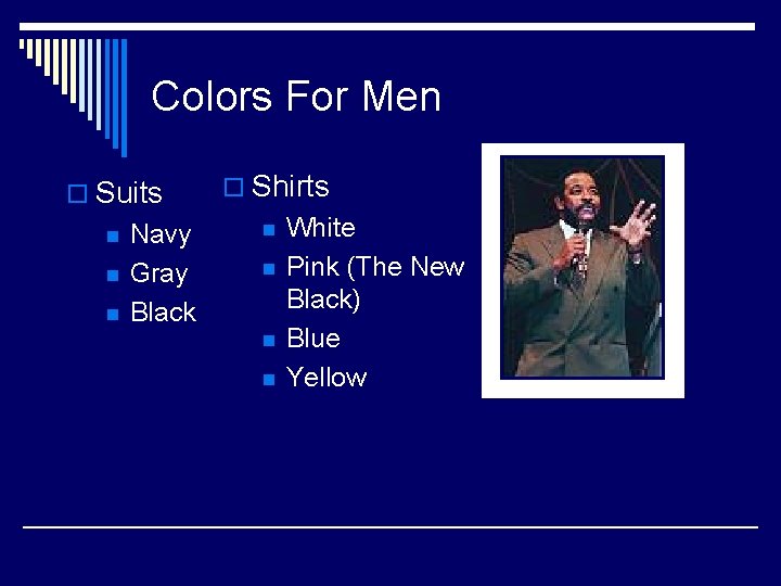 Colors For Men o Suits n n n Navy Gray Black o Shirts n