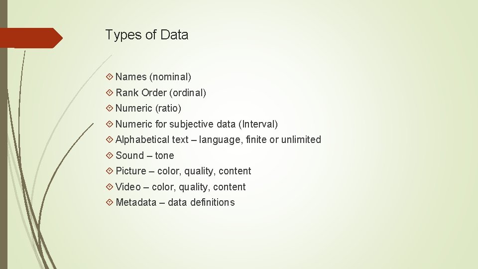 Types of Data Names (nominal) Rank Order (ordinal) Numeric (ratio) Numeric for subjective data