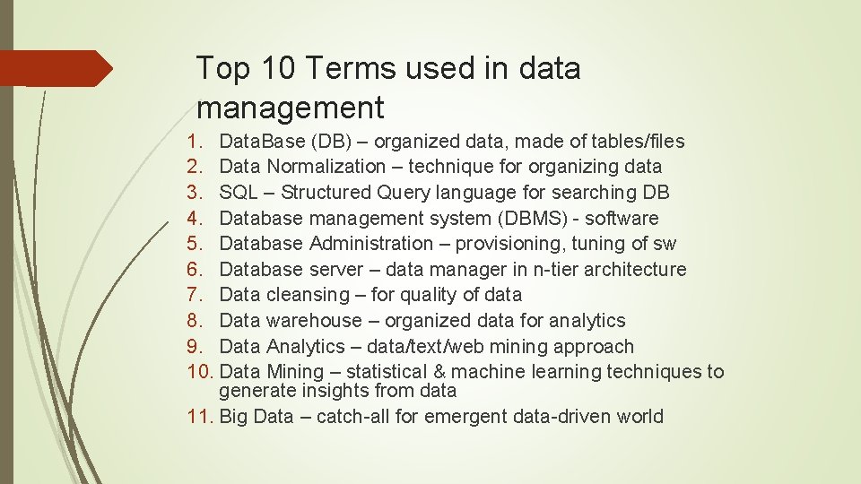 Top 10 Terms used in data management 1. Data. Base (DB) – organized data,
