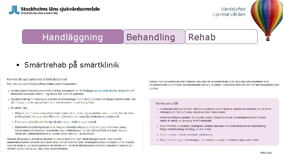 Värdelyftet i primärvården Handläggning Behandling Rehab § Smärtrehab på smärtklinik viss. nu 