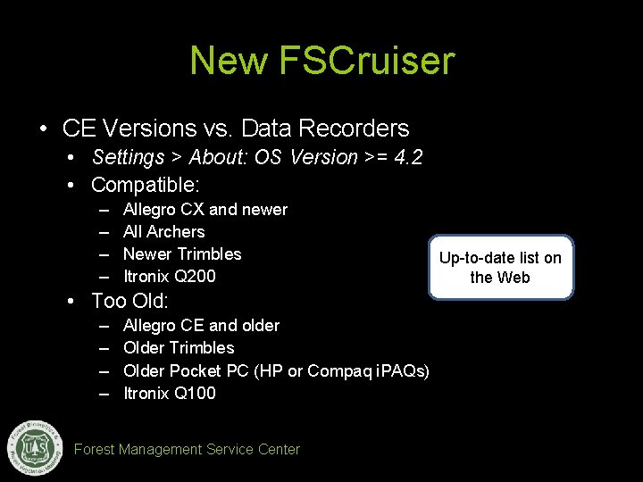 New FSCruiser • CE Versions vs. Data Recorders • Settings > About: OS Version